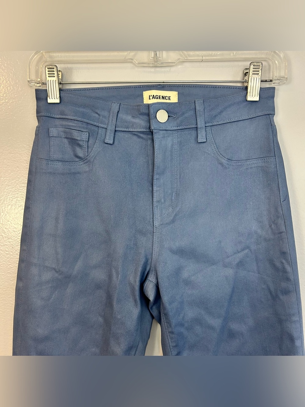 L'agence Ruth Coated Blue Mist Wax Straight Leg Flare Ankle High Rise Jeans 25 - Picture 3 of 11